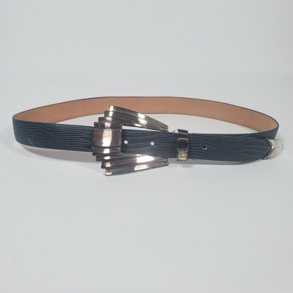 Vintage The Ritz Women's Blue Croc Embossed Leather Belt Art Deco Silver Buckle